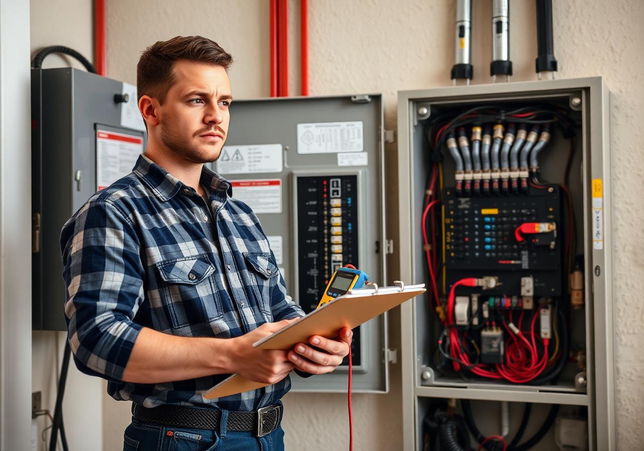 Licensed electrician with clipboard and testing meter in front of an open residential electrical panel.