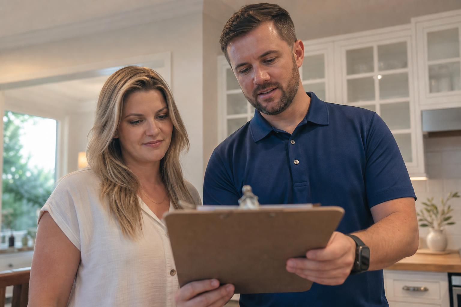 Electrician presenting a written electrical estimate to a homeowner.