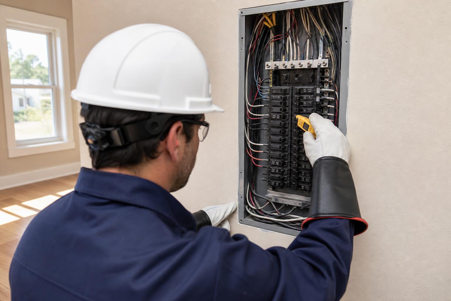 Licensed electrician performing a residential electrical panel inspection in Macon, GA.