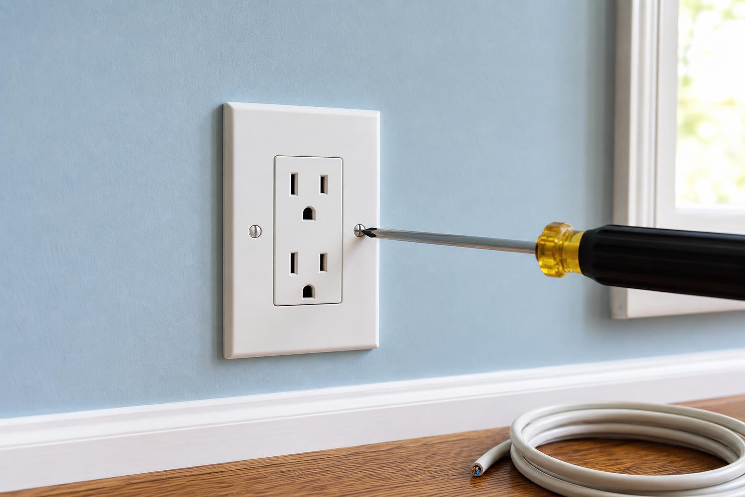 Electrician installing a GFCI outlet in a residential kitchen.