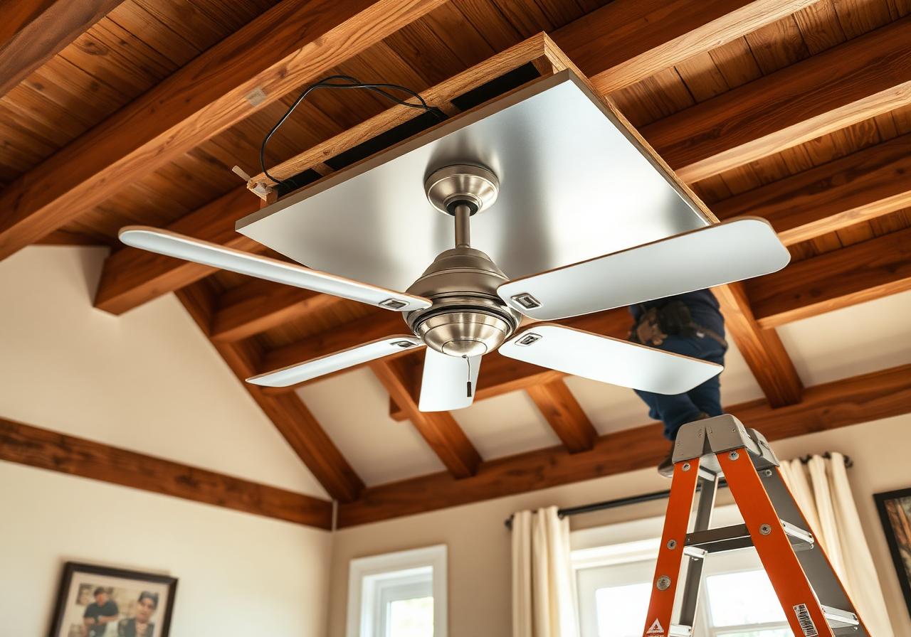 Ceiling fan installation in a residential living room by a licensed electrician.