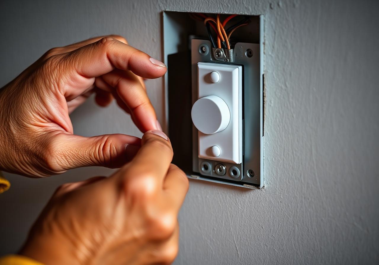 Licensed electrician wiring a dimmer switch during a residential installation.