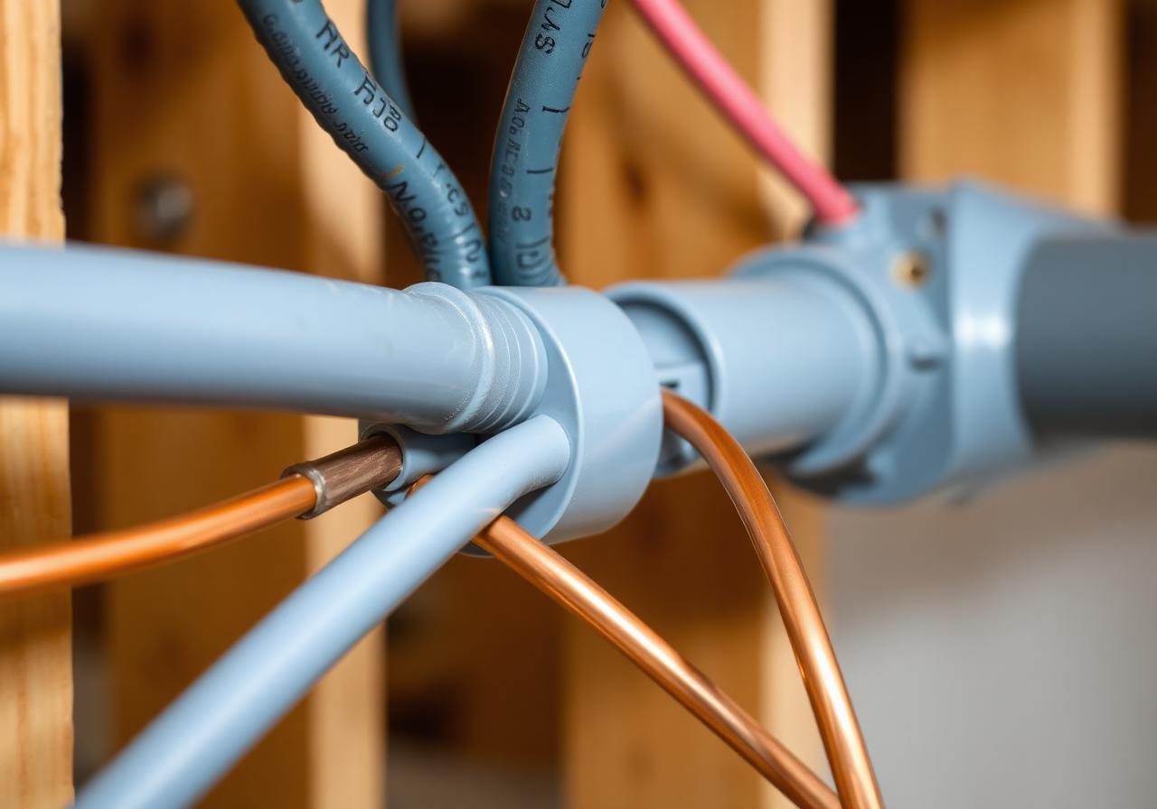 New copper electrical wiring routed through conduit during a residential rewiring project.