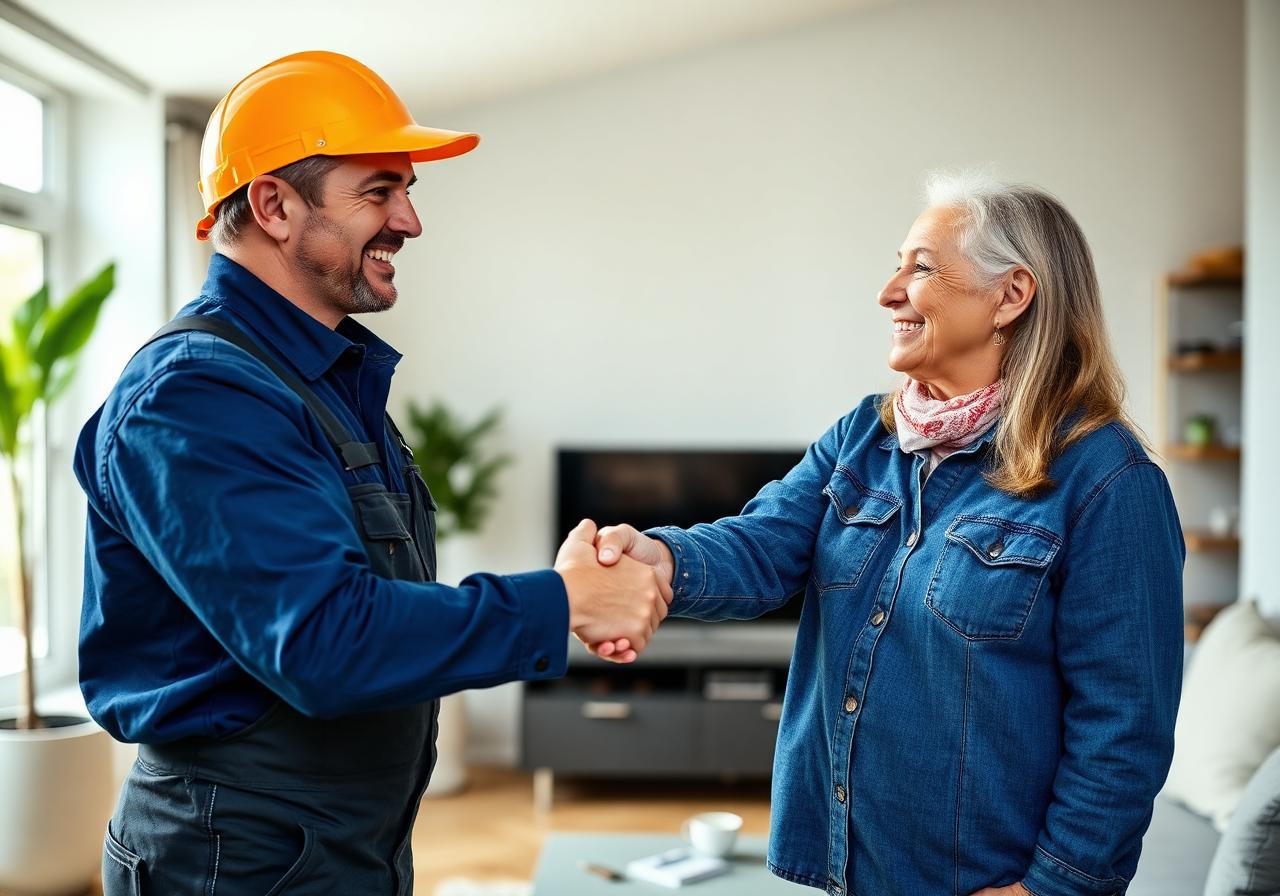 Electrician shaking hands with a satisfied homeowner after completing electrical work in Macon, GA.